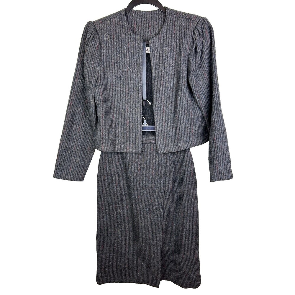 Vino de Casa Vintage Wool Blend Suit Set Blazer & Skirt Grey 80's Retro VTG 7